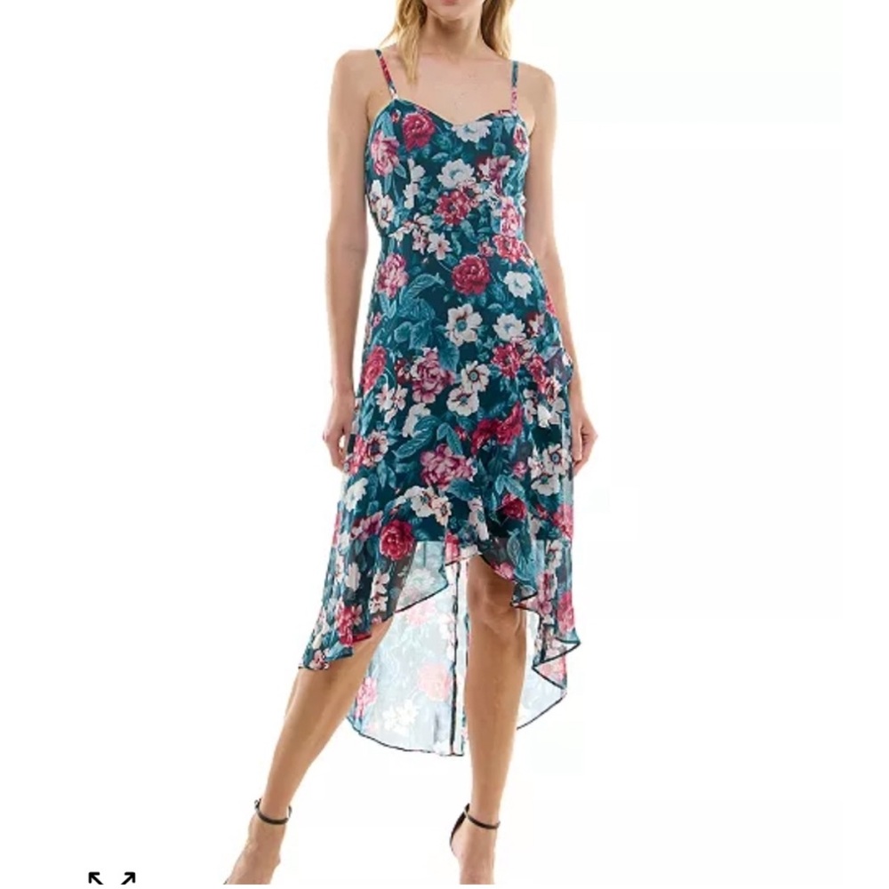 BCX Floral High Low Dress in Blue and Pink